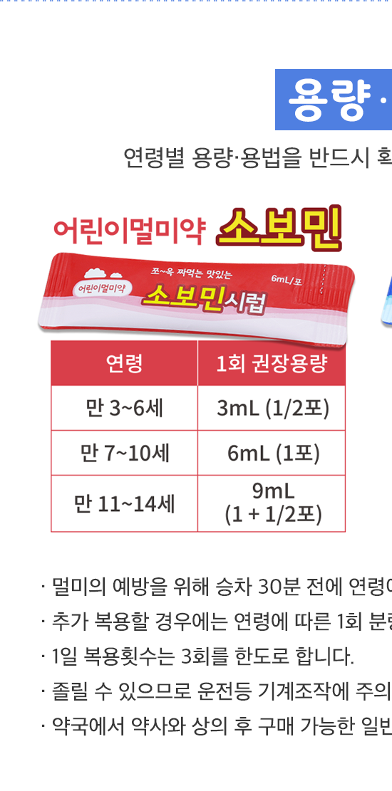 용량.용법
                어린이용멀미약 소보민시럽